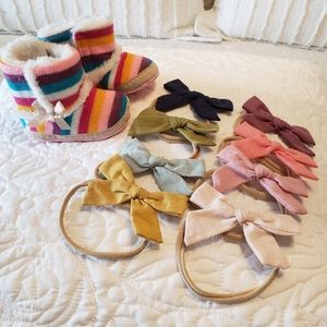Lot of 8 Baby Girl Headbands & New Baby Girl Slippers Boots
